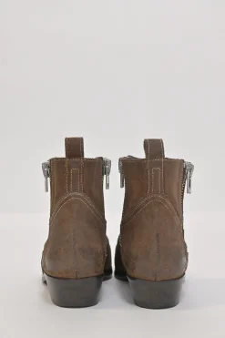 Brown suede and leather pointed-toe pull-on Western-style Chelsea boots with side zip fastening
