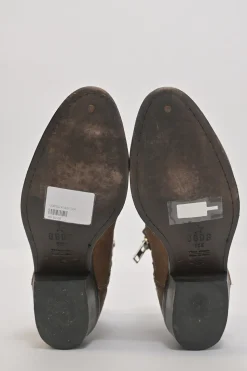 Brown suede and leather pointed-toe pull-on Western-style Chelsea boots with side zip fastening