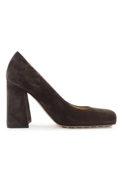 Brown suede and leather Tower square-toe block heel pumps