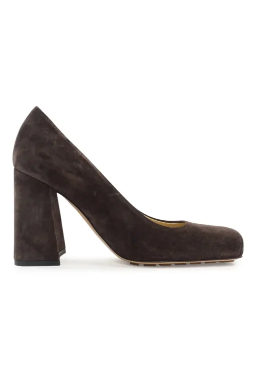 Brown suede and leather Tower square-toe block heel pumps