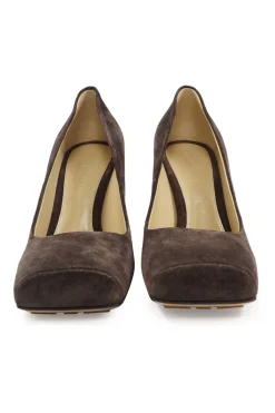 Brown suede and leather Tower square-toe block heel pumps