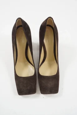 Brown suede and leather Tower square-toe block heel pumps