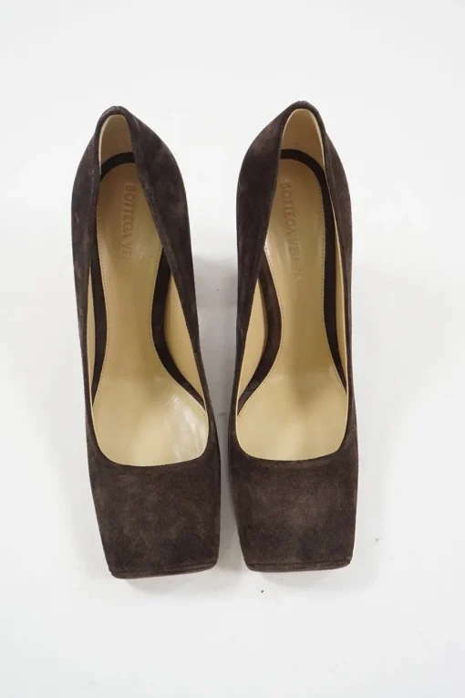 Brown suede and leather Tower square-toe block heel pumps