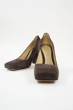 Brown suede and leather Tower square-toe block heel pumps