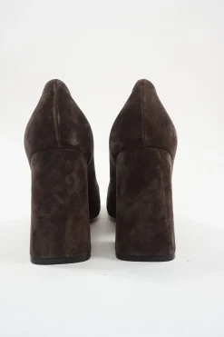 Brown suede and leather Tower square-toe block heel pumps