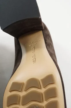 Brown suede and leather Tower square-toe block heel pumps