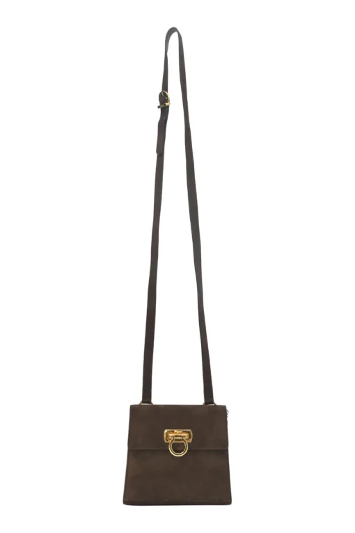 Brown suede and lizard skin Gancini shoulder bag with gold tone hardware