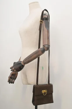 Brown suede and lizard skin Gancini shoulder bag with gold tone hardware