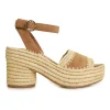 Brown suede and raffia platform espadrille sandals with adjustable ankle buckle strap