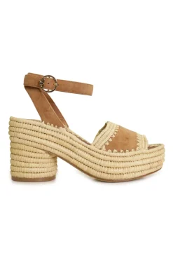 Brown suede and raffia platform espadrille sandals with adjustable ankle buckle strap