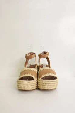 Brown suede and raffia platform espadrille sandals with adjustable ankle buckle strap