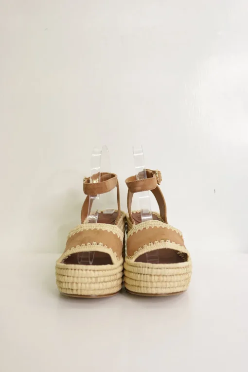 Brown suede and raffia platform espadrille sandals with adjustable ankle buckle strap