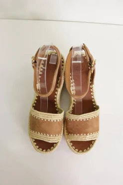 Brown suede and raffia platform espadrille sandals with adjustable ankle buckle strap