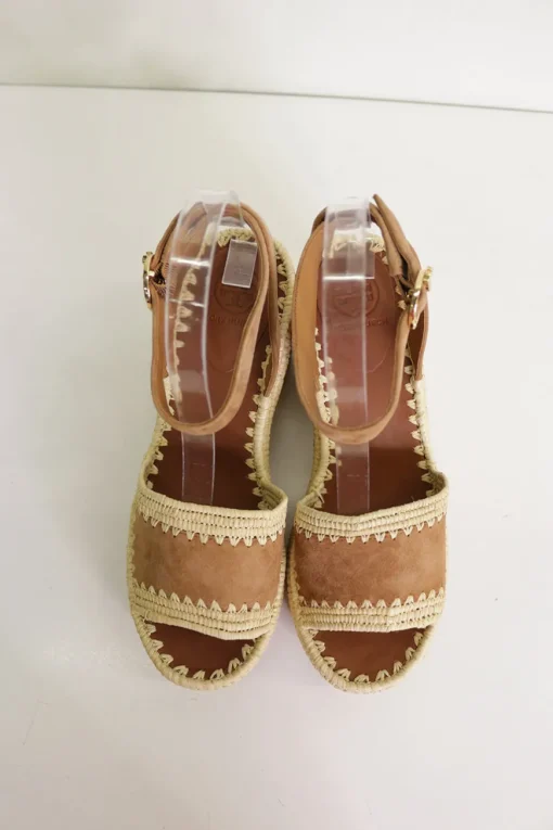 Brown suede and raffia platform espadrille sandals with adjustable ankle buckle strap