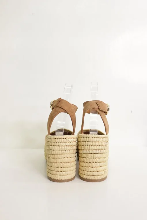 Brown suede and raffia platform espadrille sandals with adjustable ankle buckle strap