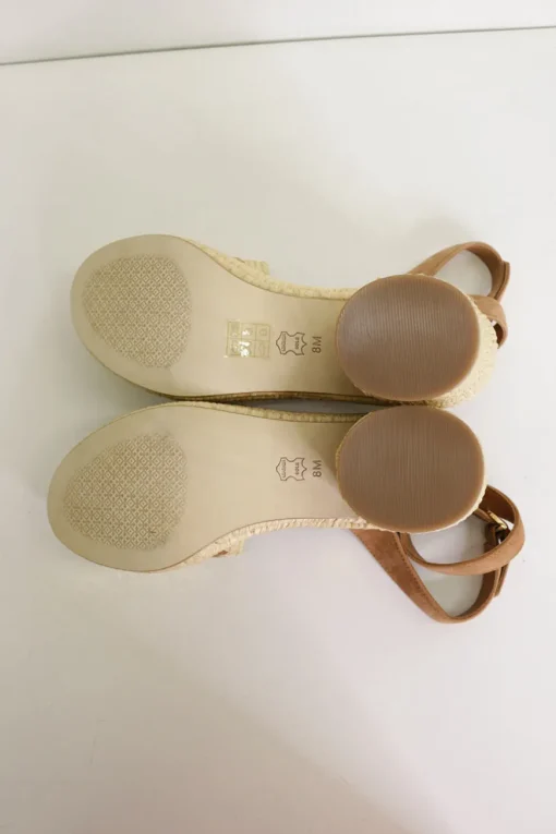 Brown suede and raffia platform espadrille sandals with adjustable ankle buckle strap