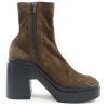 Brown suede and rubber pull-on zip-up mid-calf lug sole platform boots
