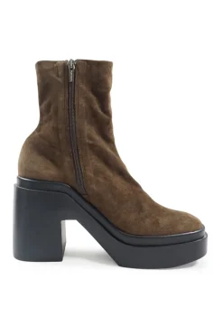 Brown suede and rubber pull-on zip-up mid-calf lug sole platform boots