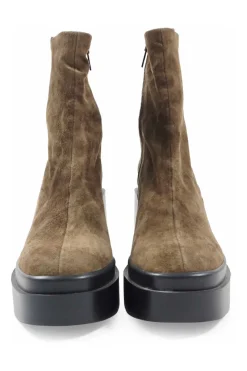 Brown suede and rubber pull-on zip-up mid-calf lug sole platform boots