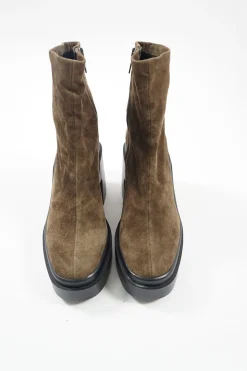 Brown suede and rubber pull-on zip-up mid-calf lug sole platform boots