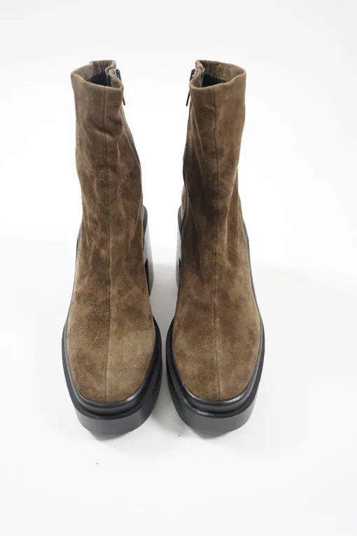 Brown suede and rubber pull-on zip-up mid-calf lug sole platform boots