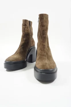 Brown suede and rubber pull-on zip-up mid-calf lug sole platform boots