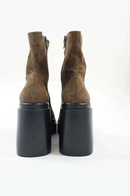 Brown suede and rubber pull-on zip-up mid-calf lug sole platform boots