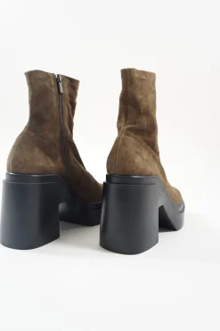 Brown suede and rubber pull-on zip-up mid-calf lug sole platform boots