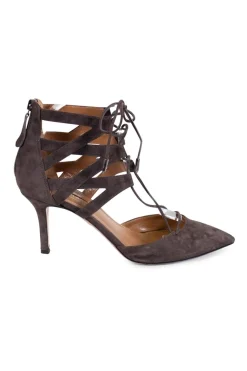 Brown suede belgravia pointy toe lace up mid heel pumps with zipper fastening at the back