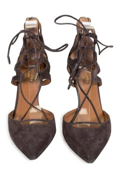 Brown suede belgravia pointy toe lace up mid heel pumps with zipper fastening at the back