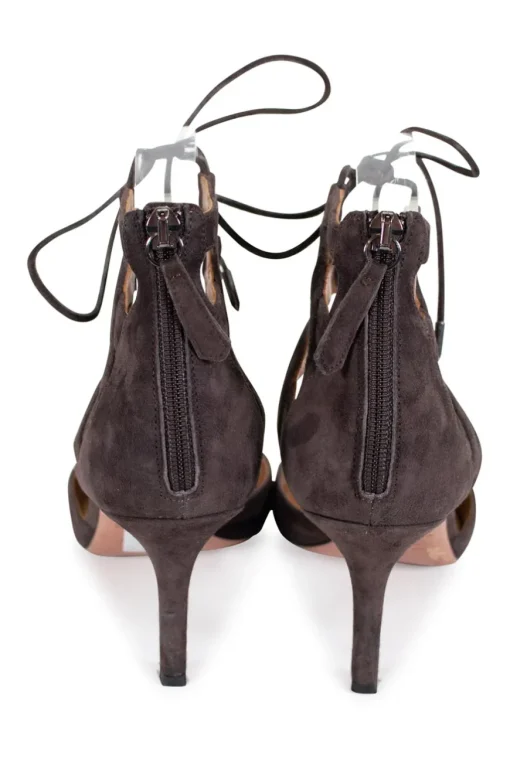 Brown suede belgravia pointy toe lace up mid heel pumps with zipper fastening at the back