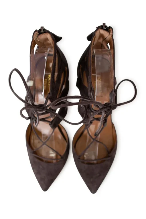 Brown suede belgravia pointy toe lace up mid heel pumps with zipper fastening at the back