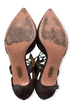 Brown suede belgravia pointy toe lace up mid heel pumps with zipper fastening at the back