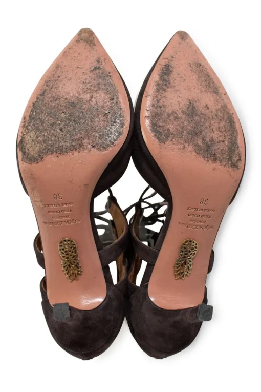 Brown suede belgravia pointy toe lace up mid heel pumps with zipper fastening at the back