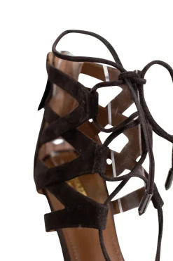 Brown suede belgravia pointy toe lace up mid heel pumps with zipper fastening at the back