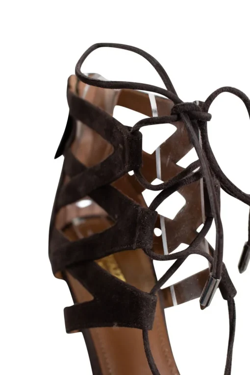 Brown suede belgravia pointy toe lace up mid heel pumps with zipper fastening at the back