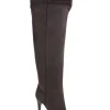 Brown suede pull-on slouchy stiletto heel platform over-the-knee boots