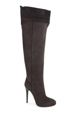 Brown suede pull-on slouchy stiletto heel platform over-the-knee boots