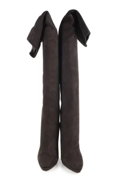Brown suede pull-on slouchy stiletto heel platform over-the-knee boots