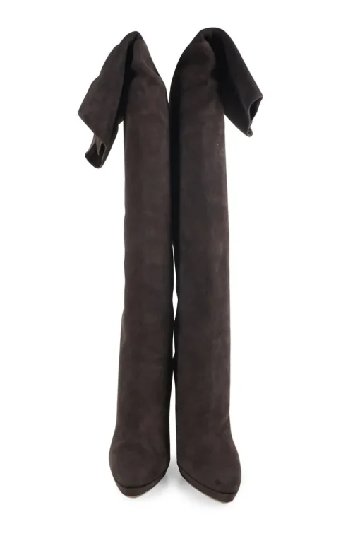 Brown suede pull-on slouchy stiletto heel platform over-the-knee boots