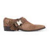 Brown suede 3" buckled ankle boots