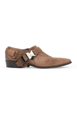Brown suede 3" buckled ankle boots