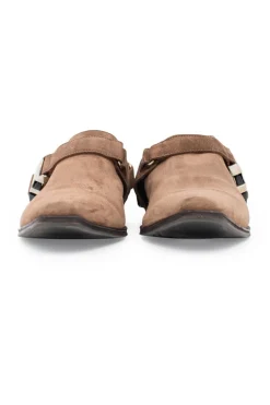 Brown suede 3" buckled ankle boots