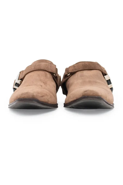 Brown suede 3" buckled ankle boots