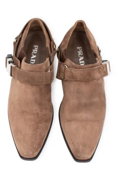 Brown suede 3" buckled ankle boots