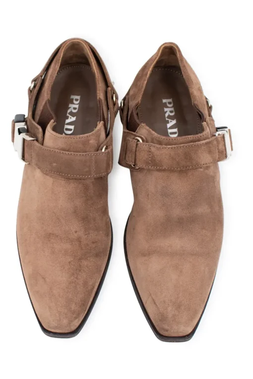 Brown suede 3" buckled ankle boots