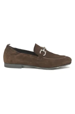Brown suede round-toe soft Gancini-bit loafers