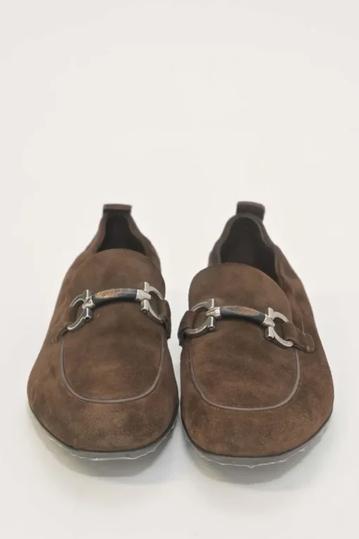 Brown suede round-toe soft Gancini-bit loafers