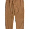 Brown suede tapered pants with elastic waist band.