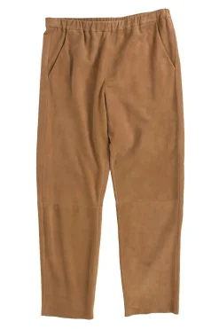 Brown suede tapered pants with elastic waist band.